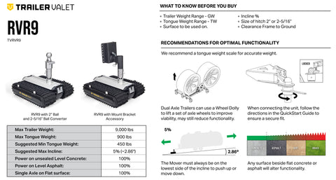 Product safety and pro tips graphic for Trailer Valet RVR9 usage - REFTVRVR9
