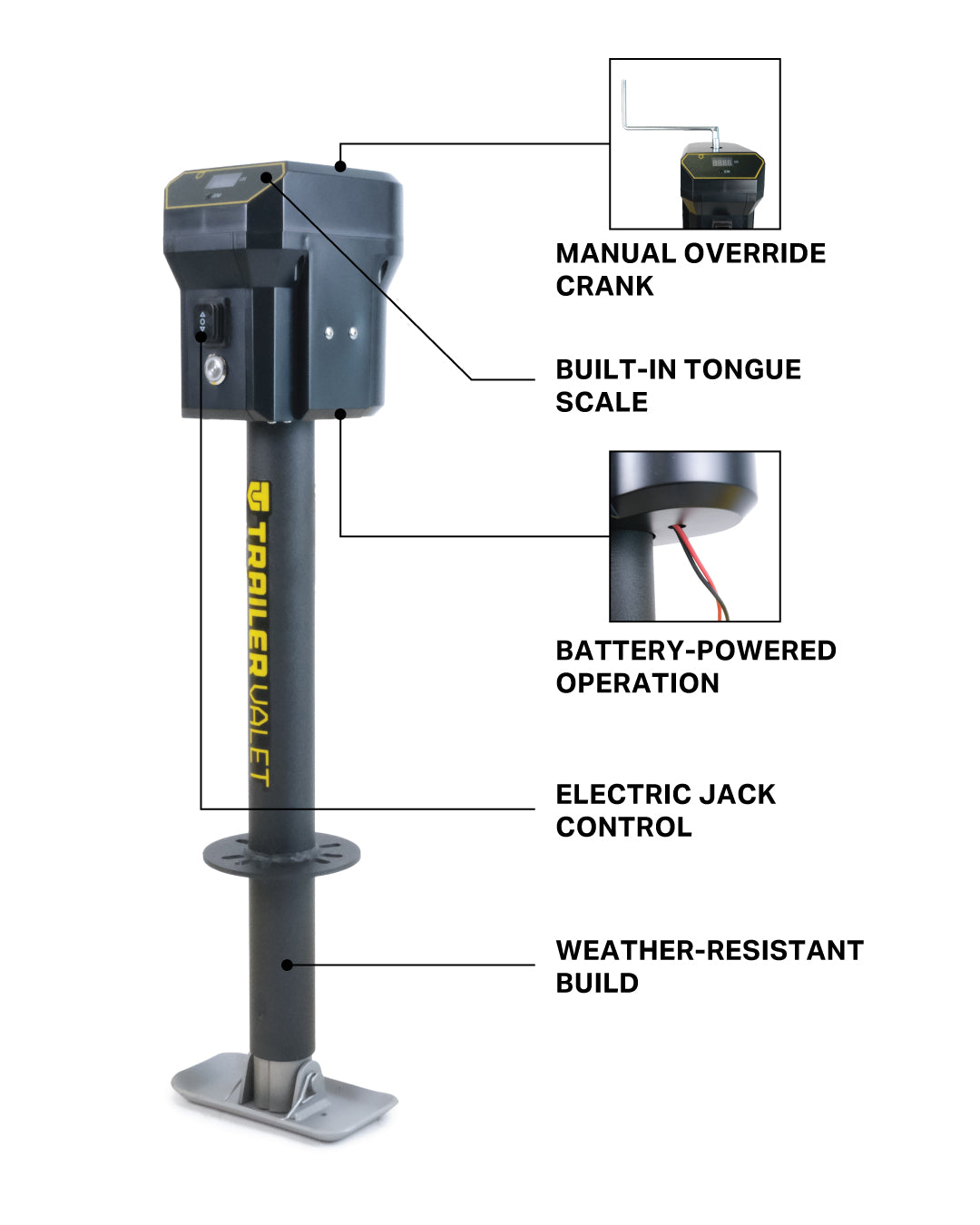 PJX3500 callouts highlighting tongue weight scale, electric lift, and safety features