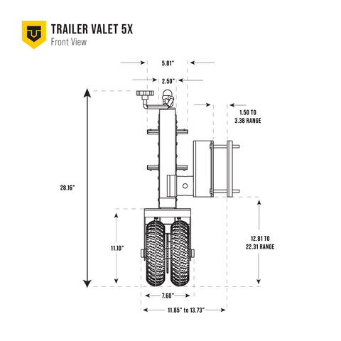 Trailer Valet 5X front-view dimensional diagram – measurements labeled - TV5XDA