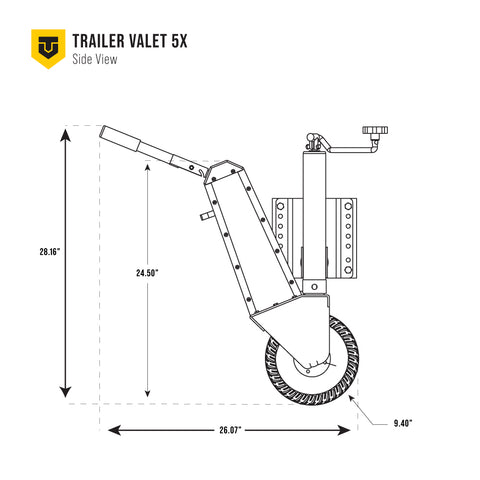 Side-view technical drawing of Trailer Valet 5X – detailed specs visible - TV5XDA