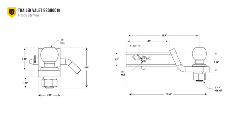 Dimensional drawing with side and front specs of 5K drop hitch - BSDH0010