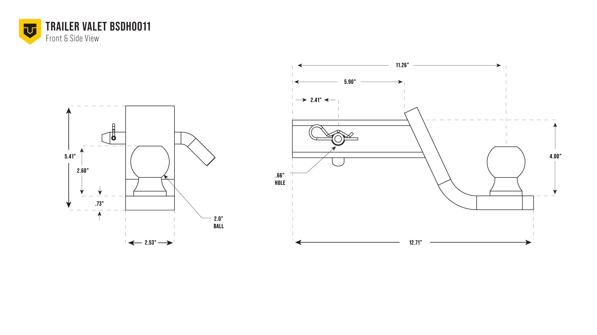 Dimensional diagram for 6,000 lbs drop hitch with precise front and side views - BSDH0011