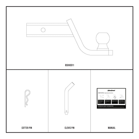 Unboxed contents of blackout hitch showing included parts and tools - BSDH0011