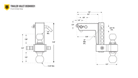Diagram of 6" hitch dimensions for install compatibility and clearance checks - BSDH0031