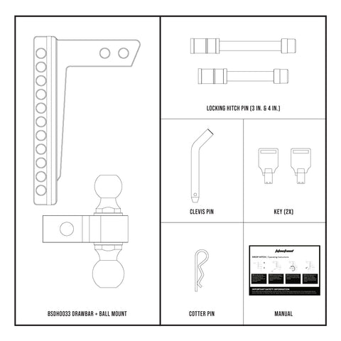 Display what comes in the box with adjustable hitch for easy install prep - BSDH0033