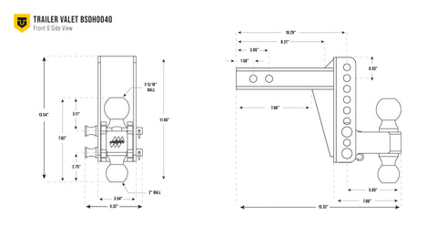 Dimensional drawing of 14K adjustable dual-ball drop hitch - BSDH0040
