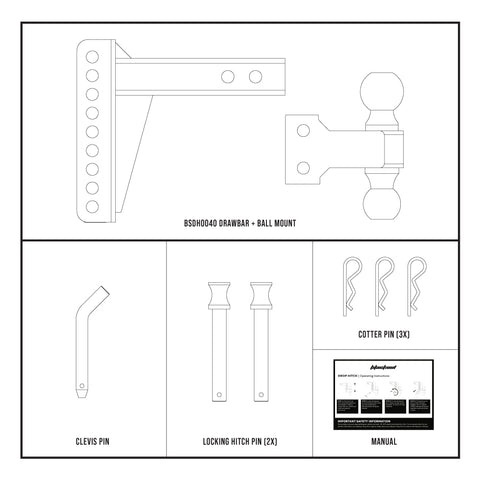 Box contents overview for 14,000 lbs dual ball hitch - BSDH0040