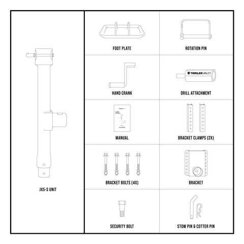 Parts list diagram for JXS 5K trailer jack - TVJX5-S