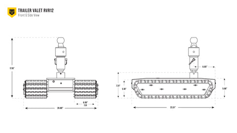 Dimensional illustration of RVR12 with ball – front and side callouts - TVRVR12