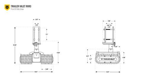 Technical drawing of RVR3 with bracket showing dimensions from front and side views - REFTVRVR3