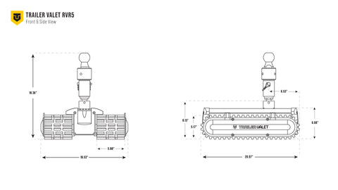 RVR5 dimensional drawings showing front and side with labeled features - TVRVR5