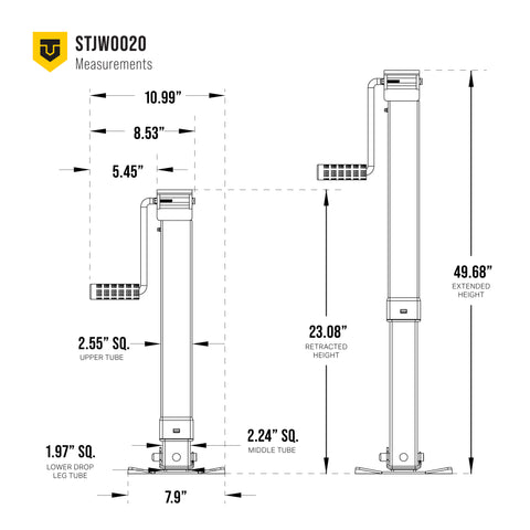 Technical measurements of the Supertech square jack with labeled lines - STJW0020