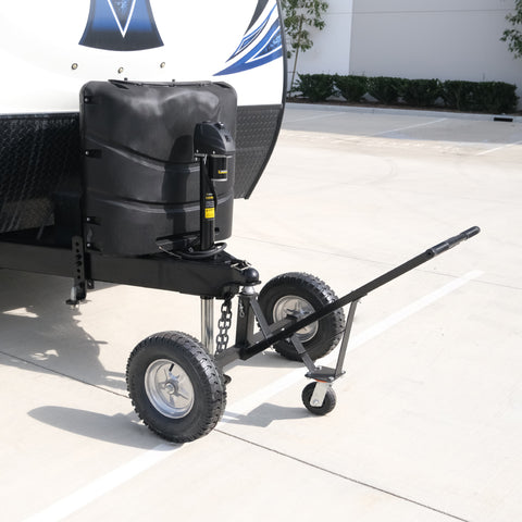 Lifestyle view of Essentials Bundle – Trailer Valet dolly and electric jack setup for quick hitching - TVEHADB3