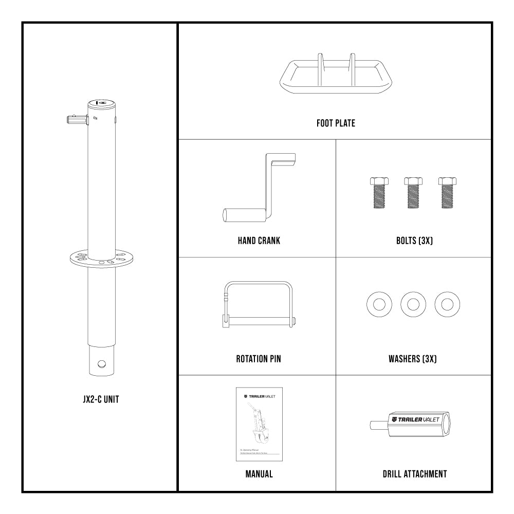 What’s in the box – JX2-C trailer jack kit laid out - TVJX2-C