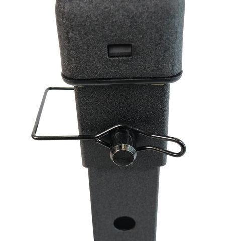 Close-up of retaining pin and base plate hardware included with jack