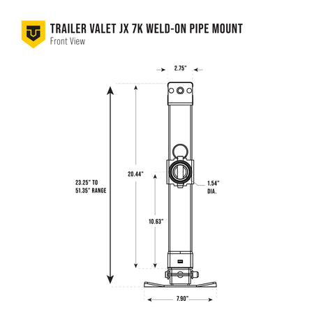 Technical blueprint of TVJX7-P with front-facing dimensions