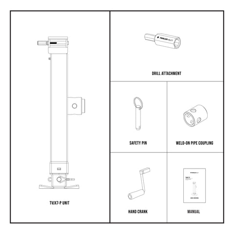 All included hardware: jack, crank, drill attachment, footplate, pins