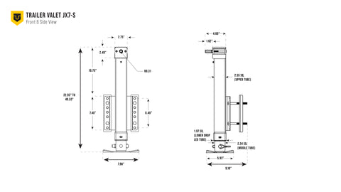 Dimensional Drawing of Refurbished JX 7K Side-Mount Jack – Full Technical Specs - REFTVJX7-S