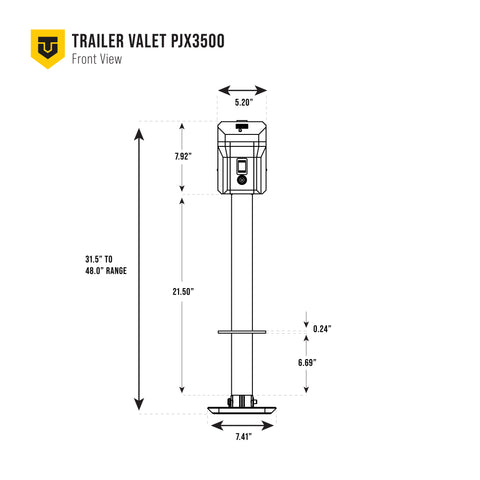 Front technical blueprint with product dimensions labeled