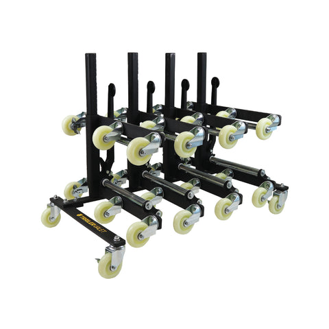 Trailer Valet rack fully loaded with 4 wheel dollies – stable and space-saving setup - TVWDSR4