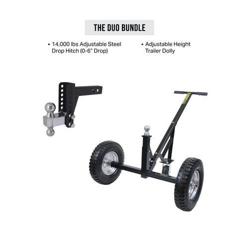 Trailer Valet Duo Bundle with height adjustable dolly and 14K steel drop hitch – rugged trailer mover system - TVEHADB5
