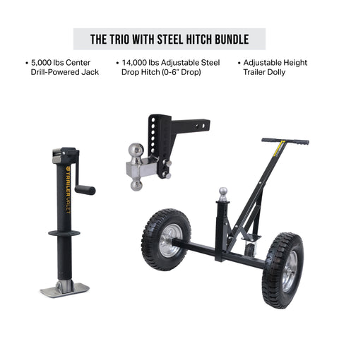 Trailer Valet Trio Bundle with 14K adjustable steel drop hitch and trailer dolly – ideal for RVs and cargo - TVEHADB4