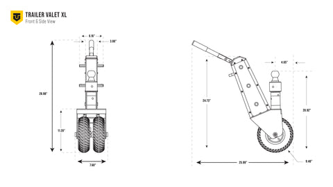 Dimensional drawing of Trailer Valet XL (front and side view) - TVXL